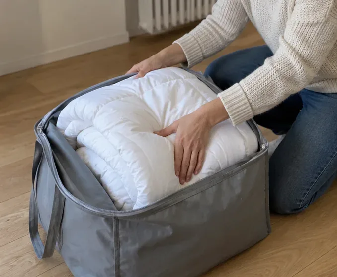 Des mains plient une couette blanche dans un grand sac de rangement gris pour la transporter proprement.
