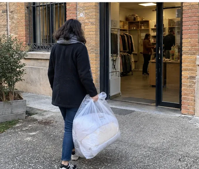 Une personne transporte une couette protégée dans un sac vers l’entrée d’un lieu de réemploi.