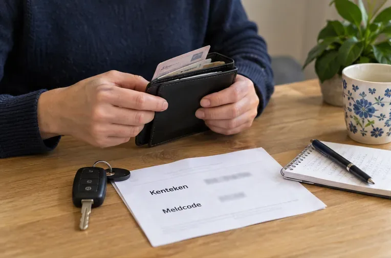 Een bestuurder legt autosleutels en gegevens voor kenteken en meldcode op tafel ter voorbereiding op een aanvraag voor een nieuw kentekenbewijs.