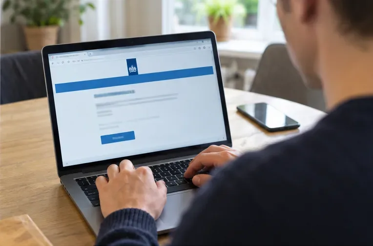 Een bestuurder zit achter een laptop en doorloopt thuis een online overheidsaanvraag voor een vervangend kentekenbewijs.