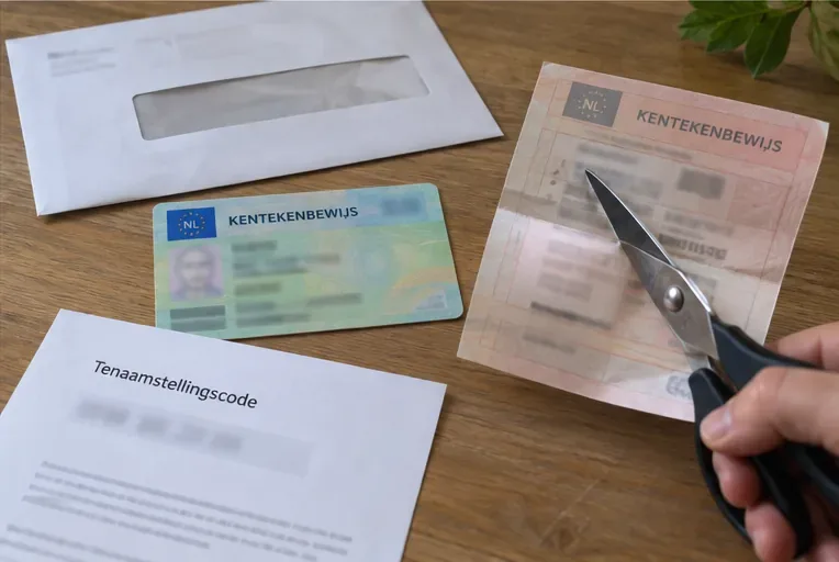 Een nieuwe kentekencard en tenaamstellingscode liggen naast een envelop terwijl een oud papieren kentekenbewijs wordt doorgeknipt.