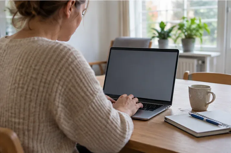 Een ouder zit aan een laptop om thuis een aanvraag voor toeslag voor te bereiden.