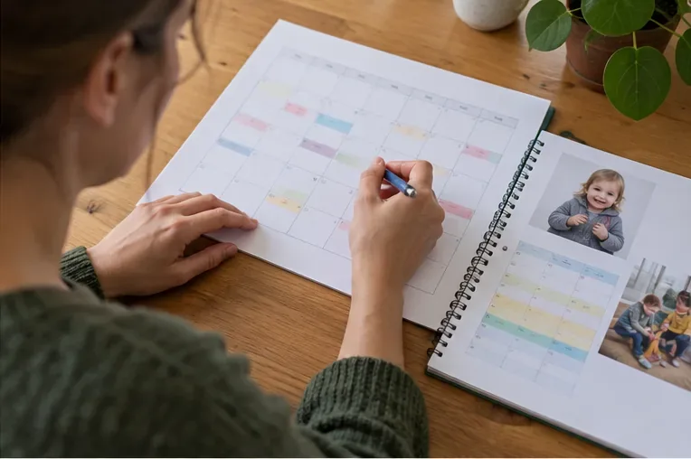 Een ouder markeert opvangdagen op een maandkalender naast een kinderopvangrooster.