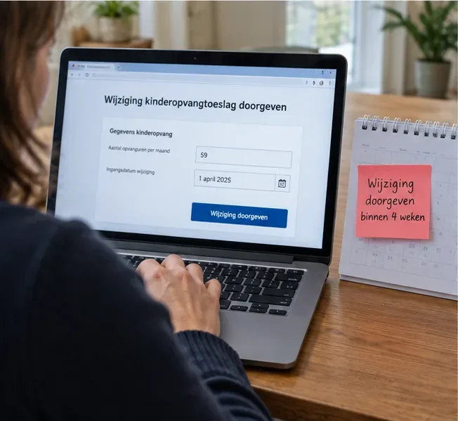 Een ouder voert op een laptop een wijziging in het aantal opvanguren en een ingangsdatum in, met een kalender ernaast.