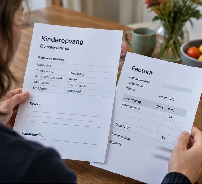 Een ouder vergelijkt een kinderopvangcontract met een factuur waarop 64 opvanguren staan.