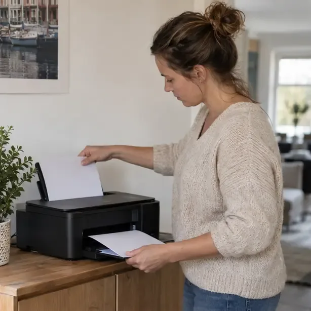 Een ouder haalt een neutrale brief uit een printer naast een stapel documenten