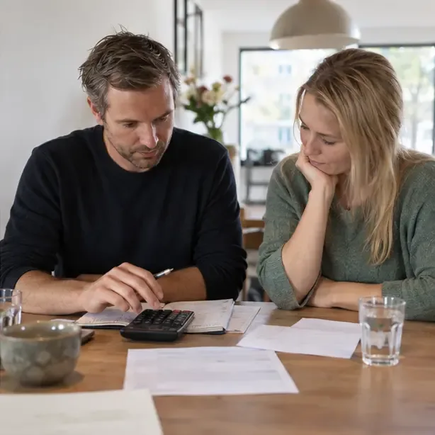 Twee volwassenen vergelijken huishoudelijke gegevens met een rekenmachine en notities aan een tafel