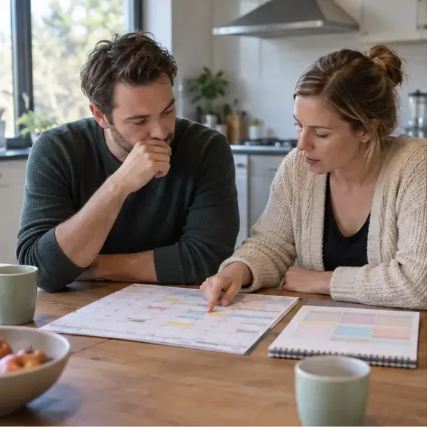 Twee ouders bekijken samen een jaarkalender met gekleurde afspraken over de zorg voor hun kind
