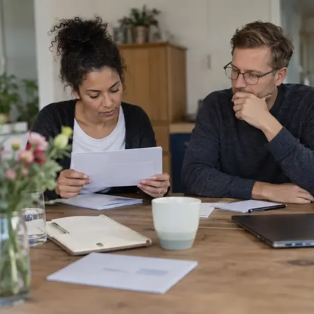 Twee volwassenen bekijken samen een envelop en documenten over een toeslagbeslissing aan een tafel