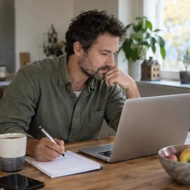 Een ouder noteert een checklist naast een laptop waarop een algemene digitale overheidsomgeving wordt bekeken