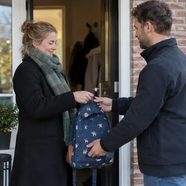 Twee ouders dragen een kinderrugzak over bij een voordeur tijdens een rustige wisseling