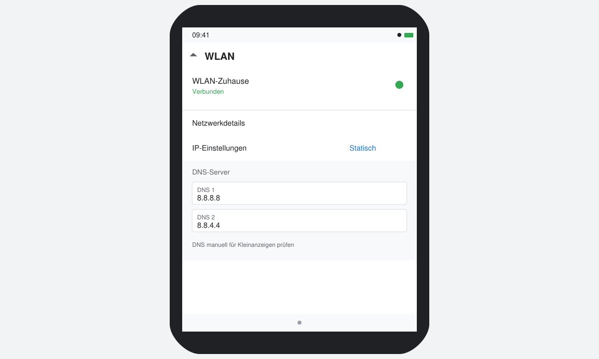 Bildschirm mit geöffneten WLAN-Einstellungen und DNS-Optionen auf einem Android-Smartphone