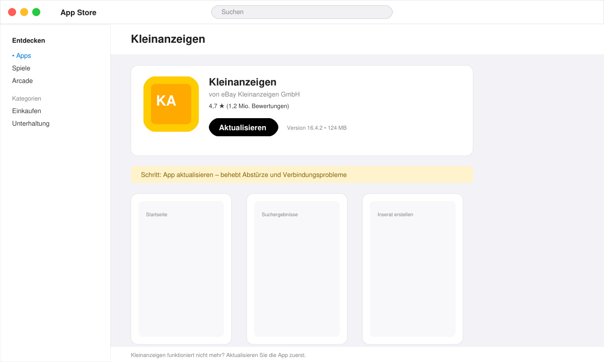 Kleinanzeigen App wird im App Store aktualisiert