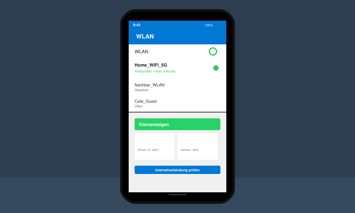 Smartphone zeigt WLAN-Einstellungen und Kleinanzeigen App