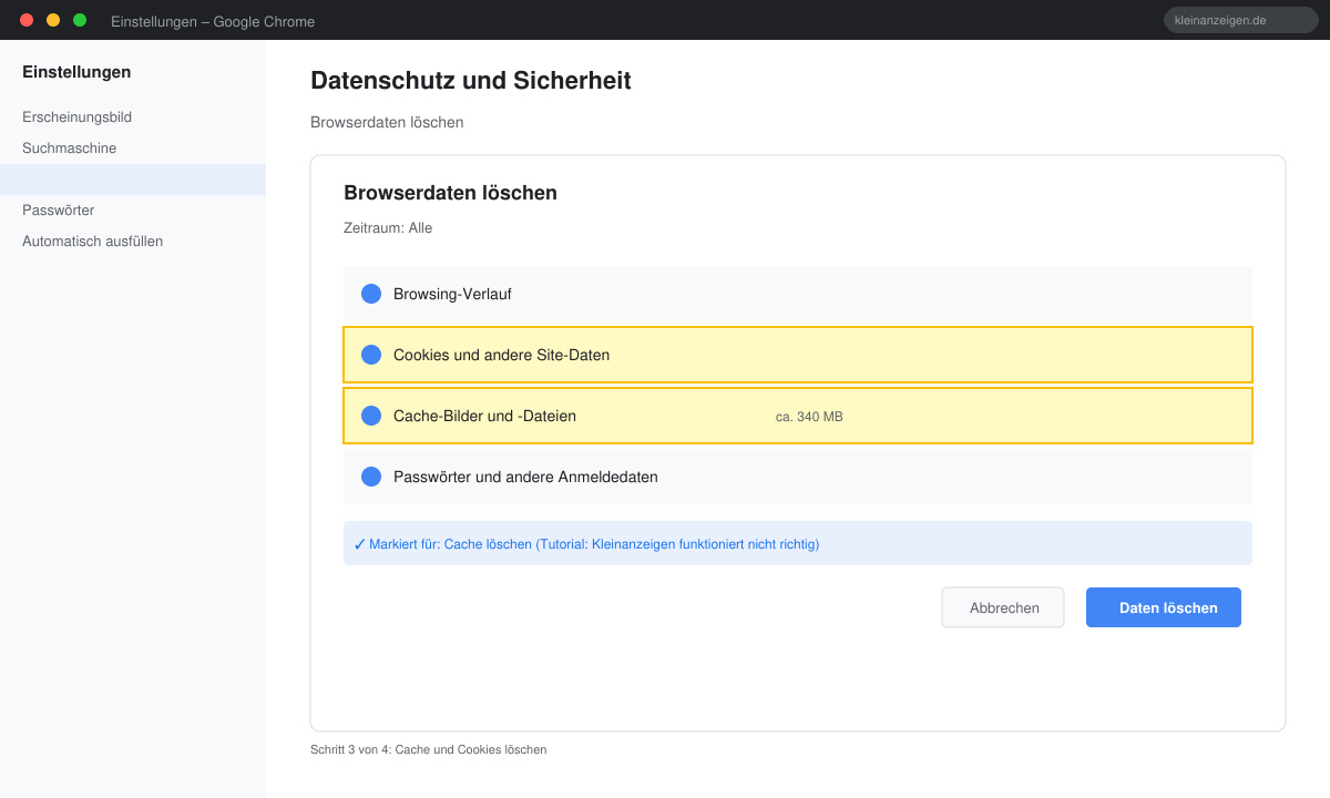Browser-Einstellungen mit Option zum Löschen des Caches