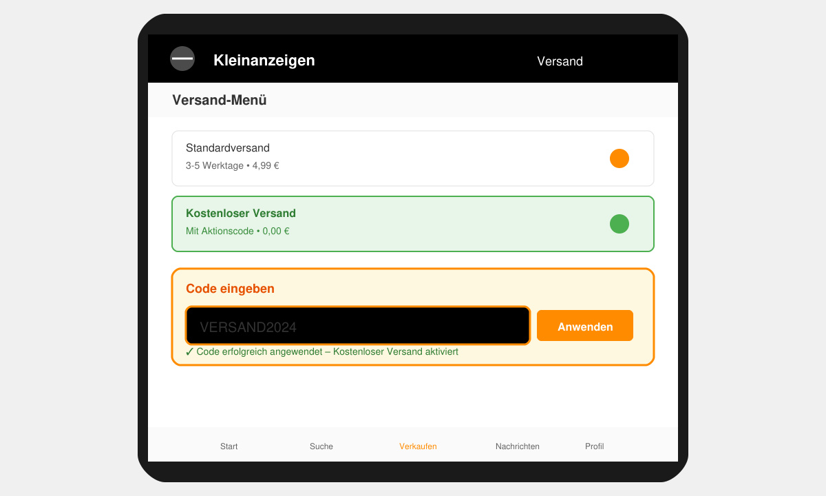 Screenshot des Versand-Menüs in der Kleinanzeigen App mit hervorgehobenem Code-Eingabefeld