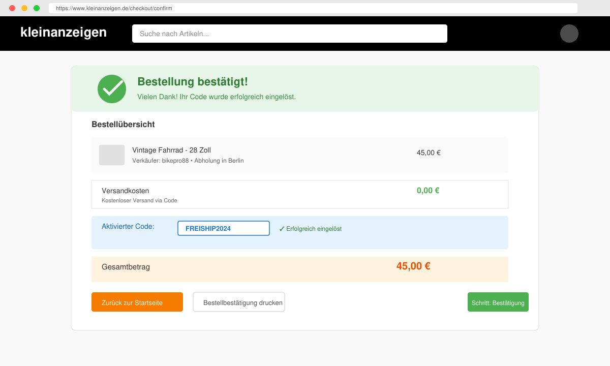 Bestätigungsseite mit null Euro Versandkosten und erfolgreich eingelöstem Code