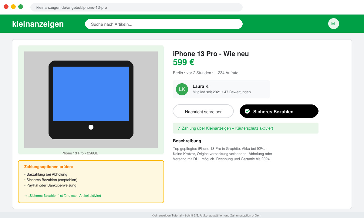 Detailansicht eines Angebots mit aktiviertem „Sicheres Bezahlen“-Button