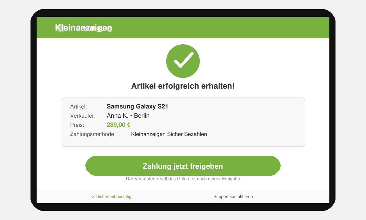 Bestätigungsseite in der Kleinanzeigen-App nach erfolgreichem Erhalt des Artikels