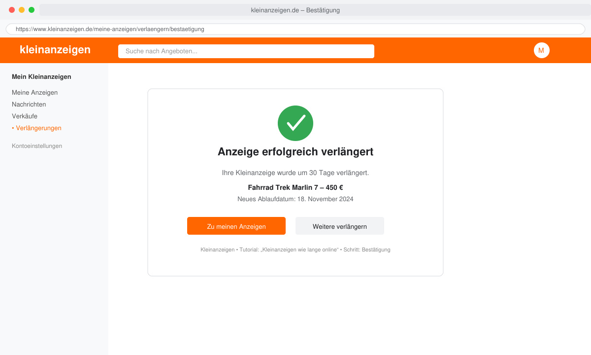 Bestätigungsseite nach erfolgreicher Verlängerung einer Kleinanzeigen-Anzeige