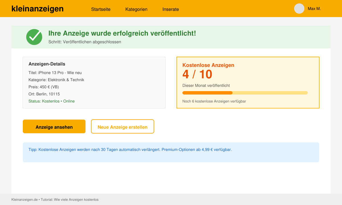 Confirmation screen after publishing a free ad with the updated counter