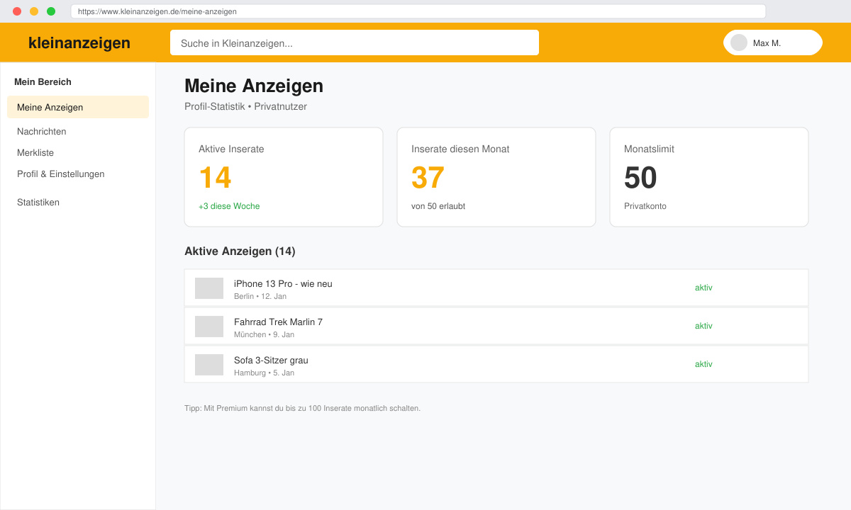 Screenshot des Menüs „Meine Anzeigen“ mit Zähler für aktive und monatliche Inserate