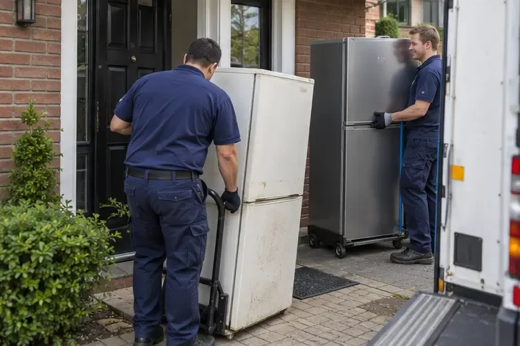 Een bezorger haalt een oude witte koelkast op terwijl een nieuwe koelkast bij de woning wordt afgeleverd.