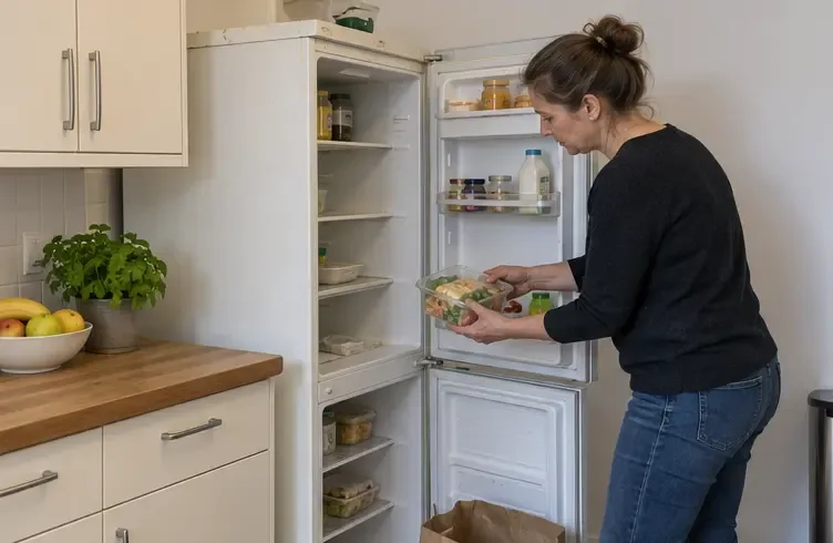 Een vrouw haalt levensmiddelen uit een geopende koelkast in een lichte keuken.