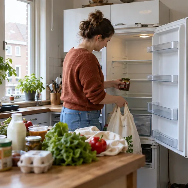 Een bewoner haalt de laatste spullen uit een geopende koelkast in een Nederlandse keuken