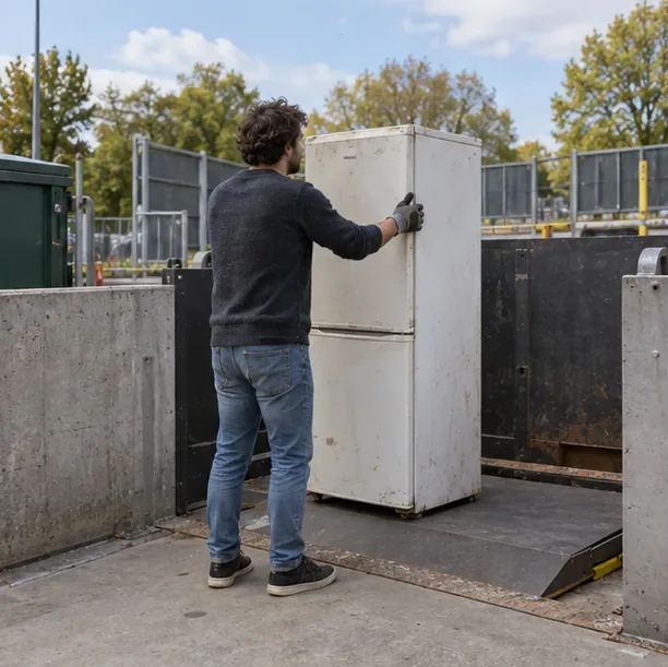 Een koelkast wordt bij een gemeentelijk afvalscheidingsstation naar het inzamelgedeelte gebracht