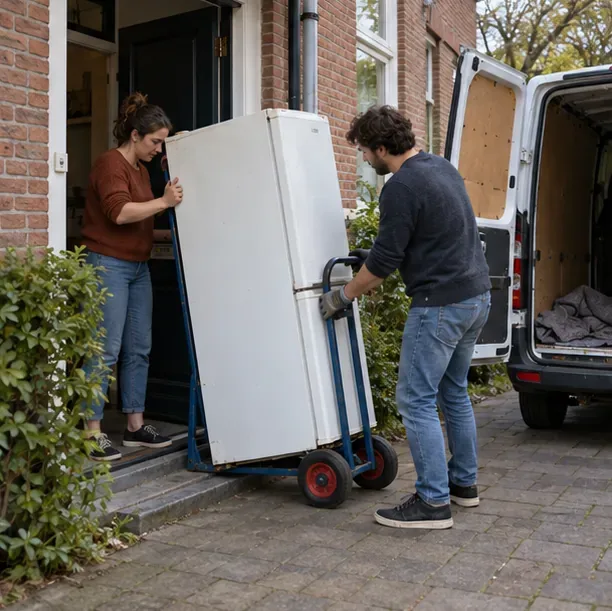 Twee volwassenen verplaatsen een koelkast rechtop met een steekwagen naar een bestelwagen