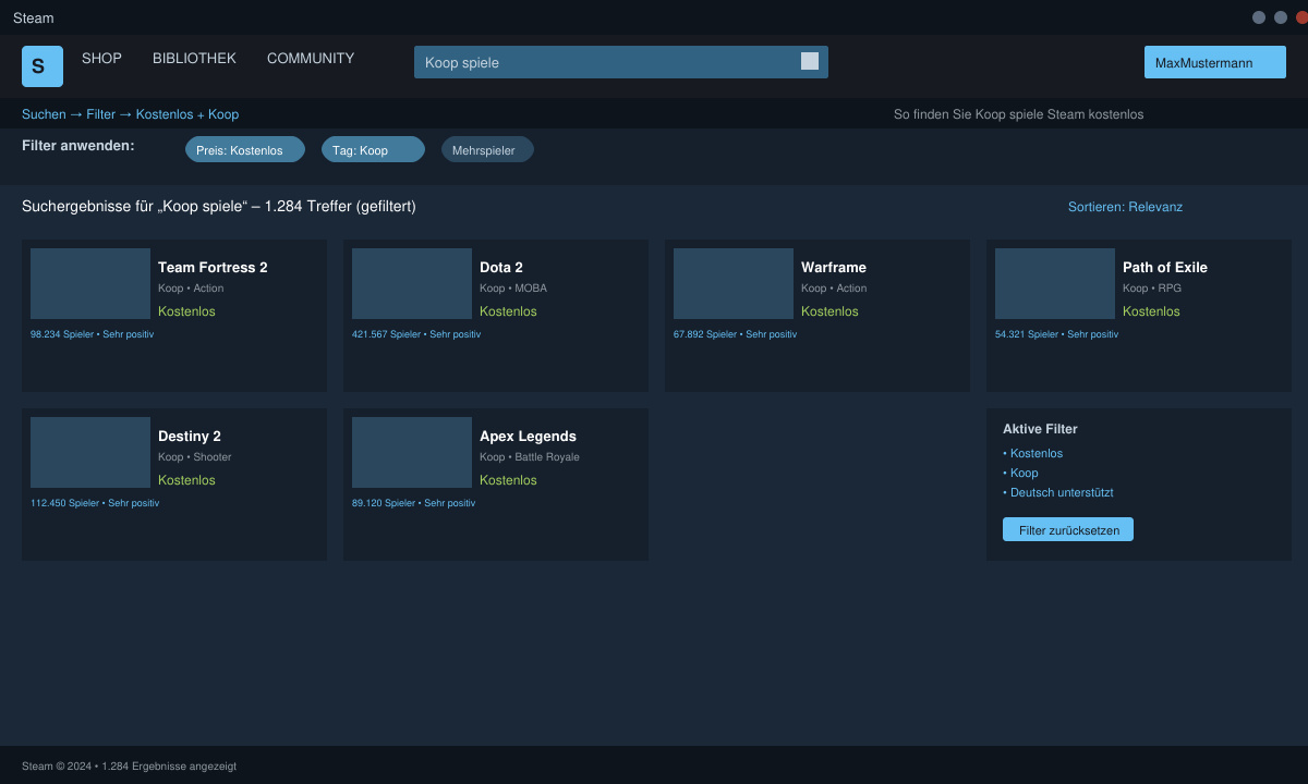 Steam store search results filtered for free co-op games with German UI elements visible