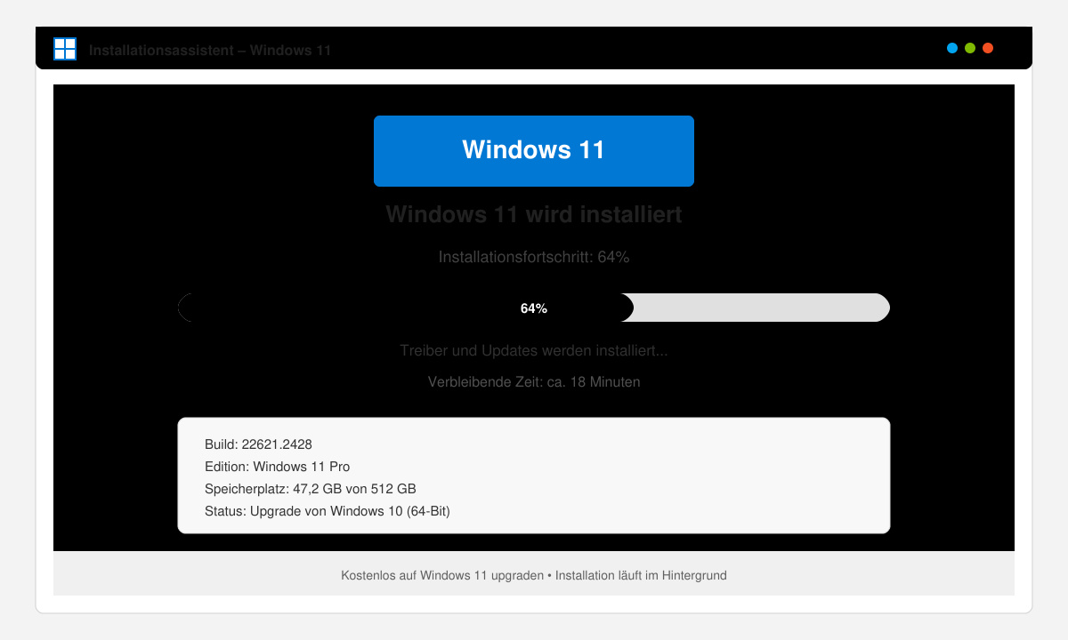 Installationsassistent-Fenster mit Fortschrittsbalken während des Windows-11-Upgrades