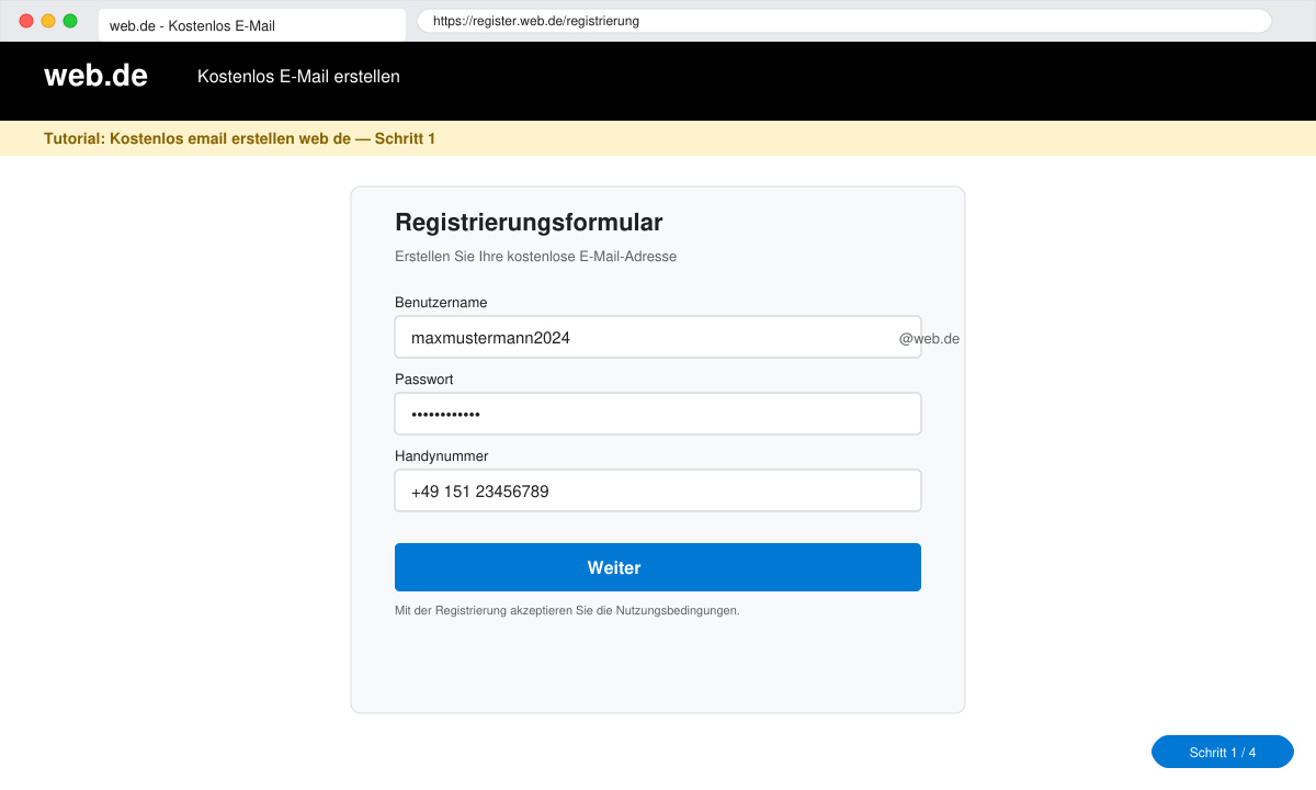 Registrierungsformular mit Feldern für E-Mail-Adresse, Passwort und Handynummer