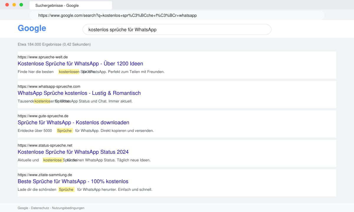 Browser mit Suchergebnissen für kostenlos Sprüche für WhatsApp