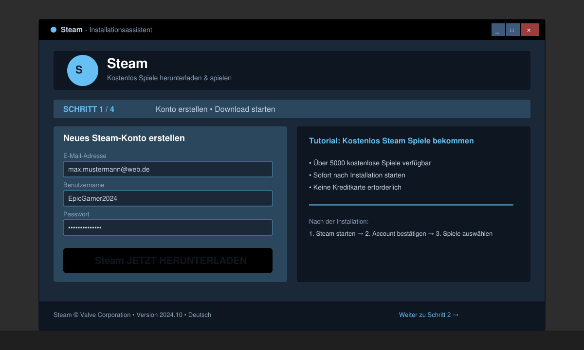 Steam-Installationsfenster mit Download-Button und Konto-Erstellungsschritt
