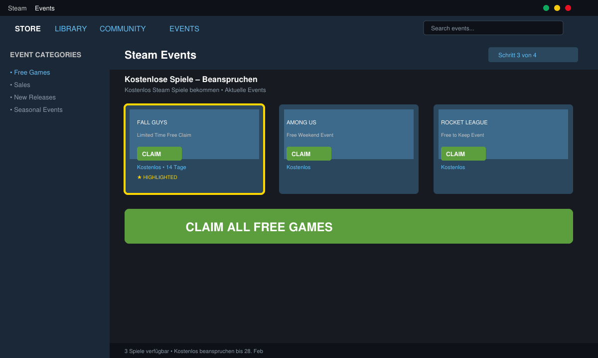 Steam-Events-Seite mit hervorgehobenen kostenlosen Spielen und Claim-Button