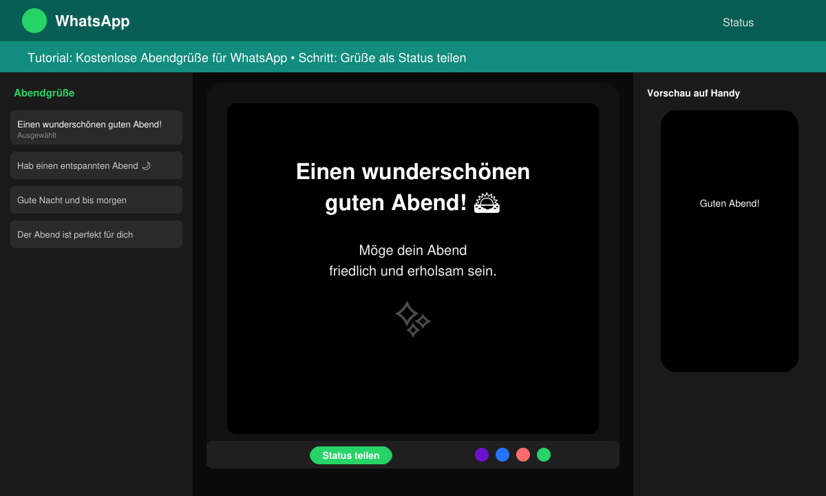 WhatsApp-Status-Ansicht mit einem schön formatierten Abendgruß und bunter Hintergrund