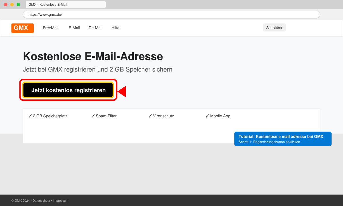 GMX Startseite mit Button zur Erstellung einer kostenlosen E-Mail-Adresse