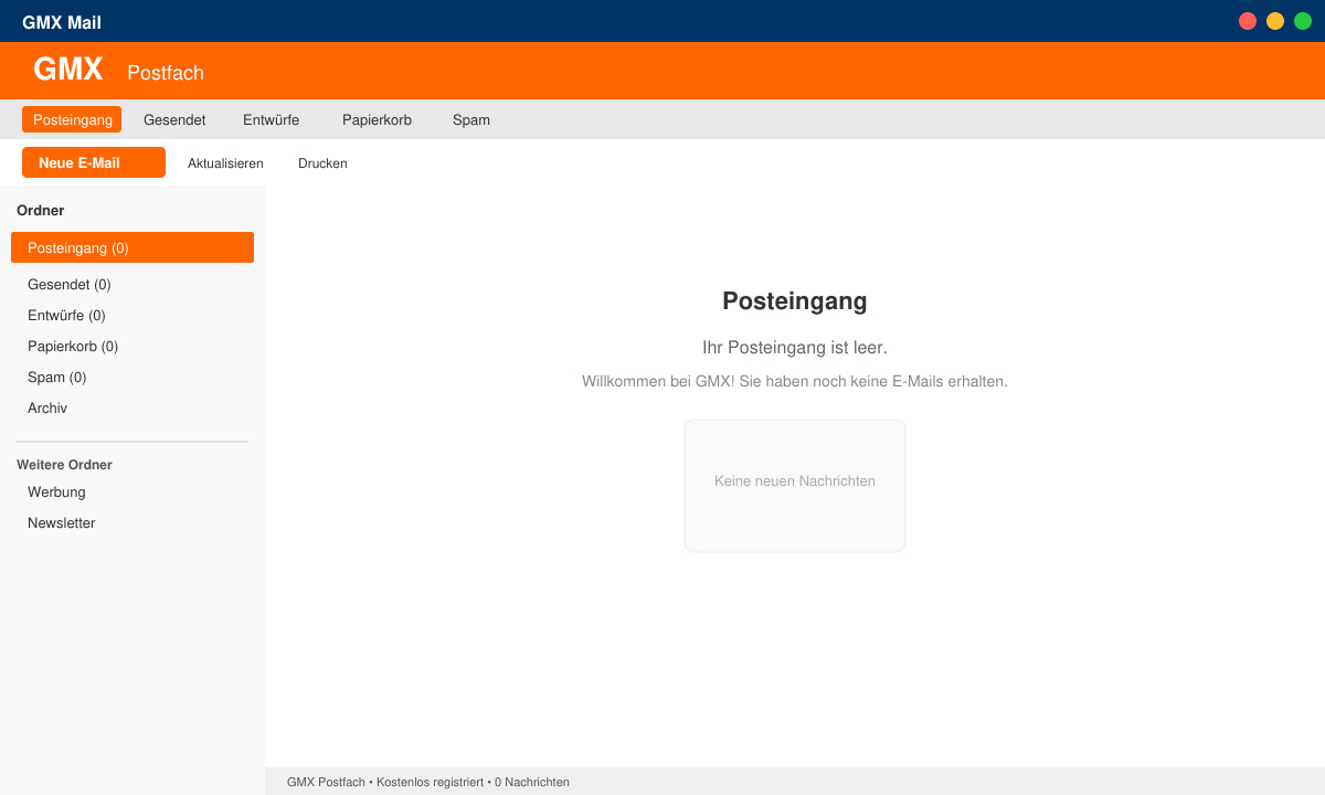 Posteingang eines frisch erstellten GMX-Kontos mit Ordnerstruktur