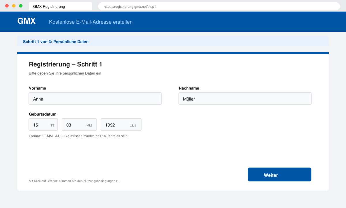 Screenshot des ersten Registrierungsformulars mit Feldern für Vorname, Nachname und Geburtsdatum