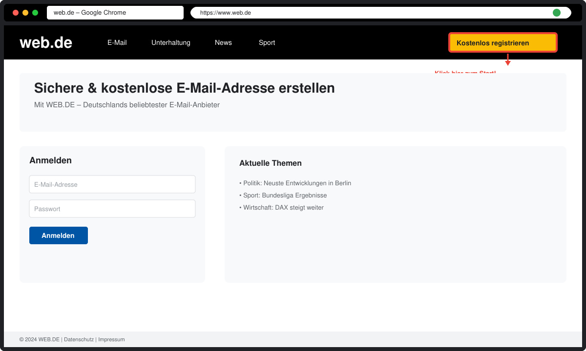 Browserfenster mit der Web.de Startseite und hervorgehobenem Registrierungs-Button