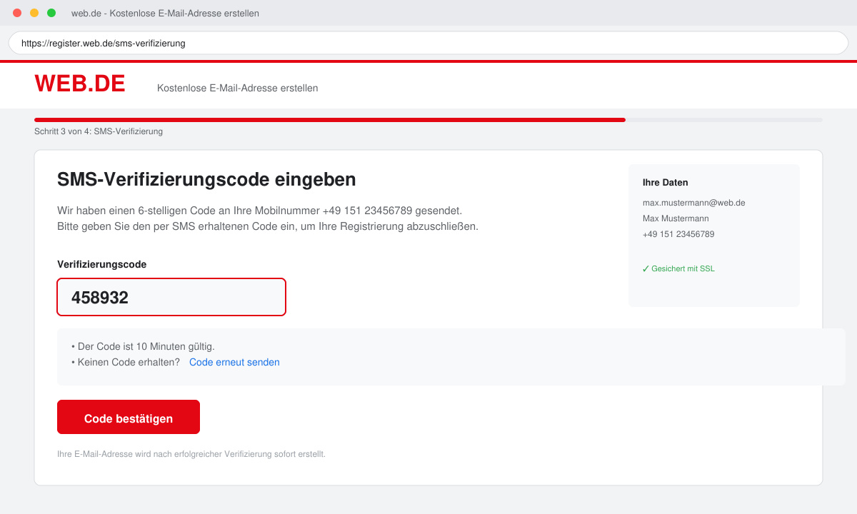 Eingabefeld für den SMS-Verifizierungscode auf der Web.de Registrierungsseite