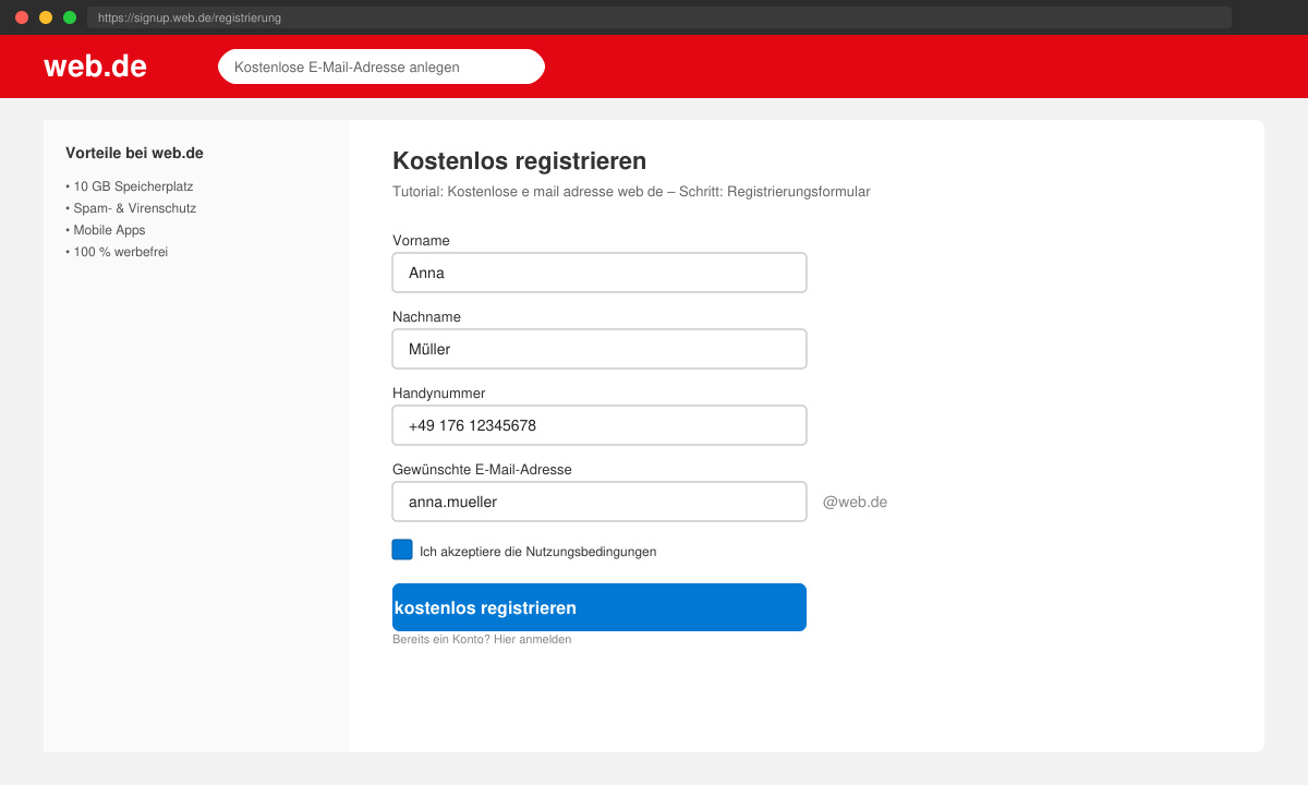 Registrierungsformular auf web.de für eine kostenlose E-Mail-Adresse
