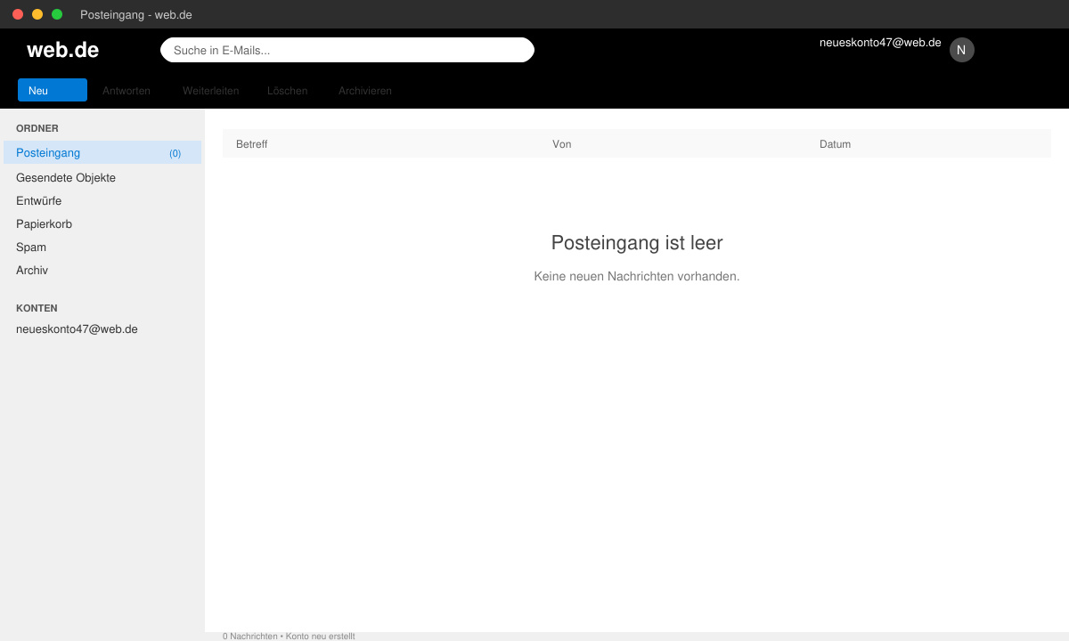 Erfolgreich erstelltes Postfach bei web.de mit leerem Posteingang