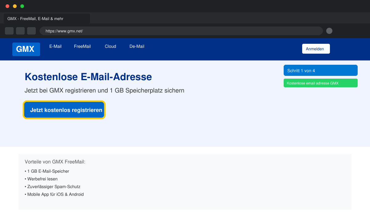 GMX Startseite mit Registrierungsbutton