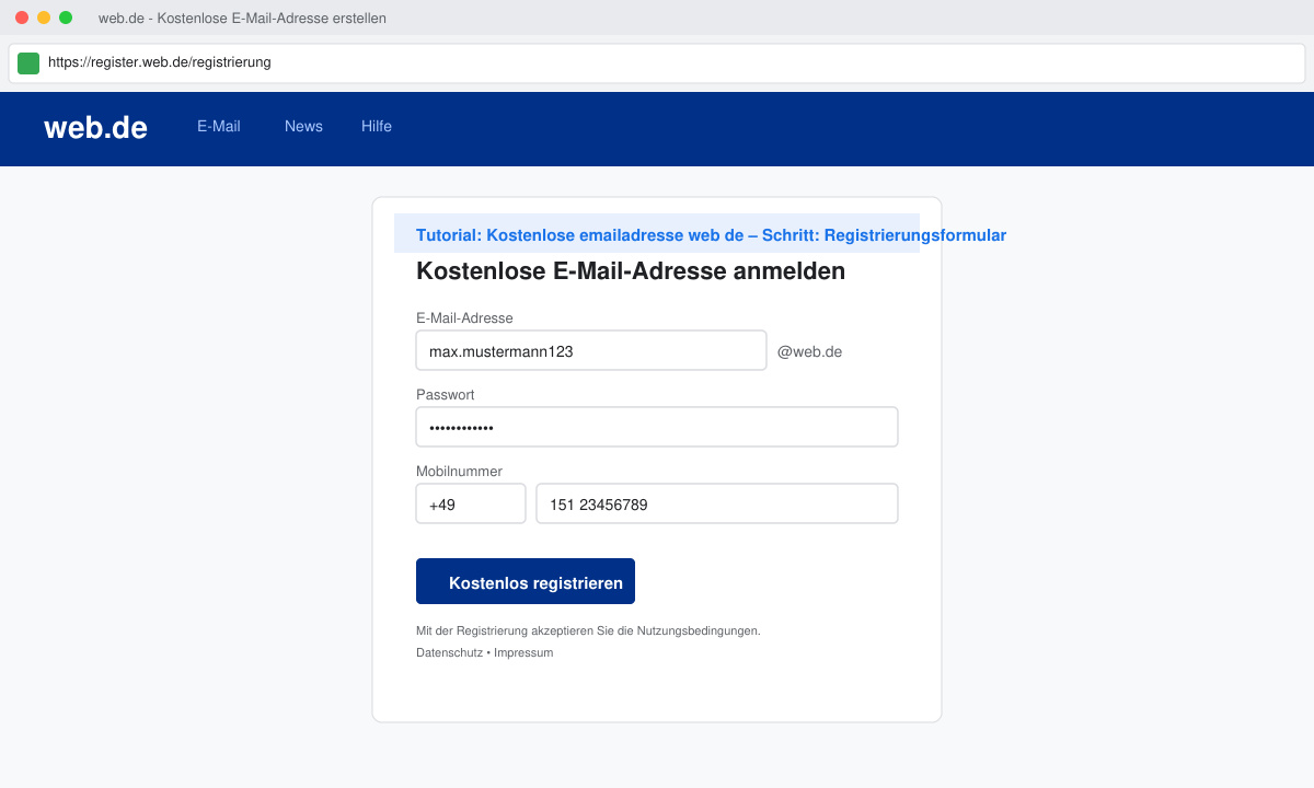Registrierungsformular auf Web.de mit Feldern für E-Mail-Adresse, Passwort und Mobilnummer