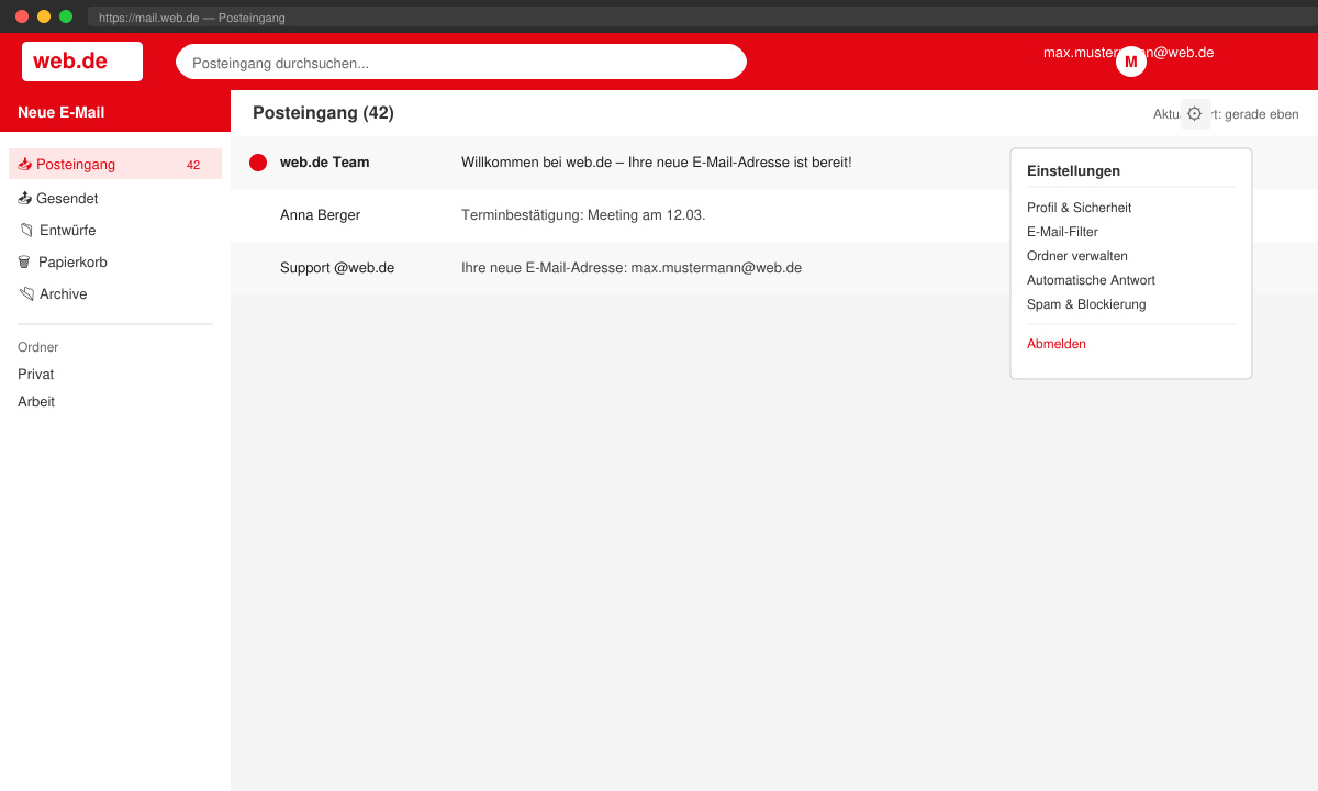 Posteingang der neuen Web.de Emailadresse mit geöffnetem Einstellungsmenü