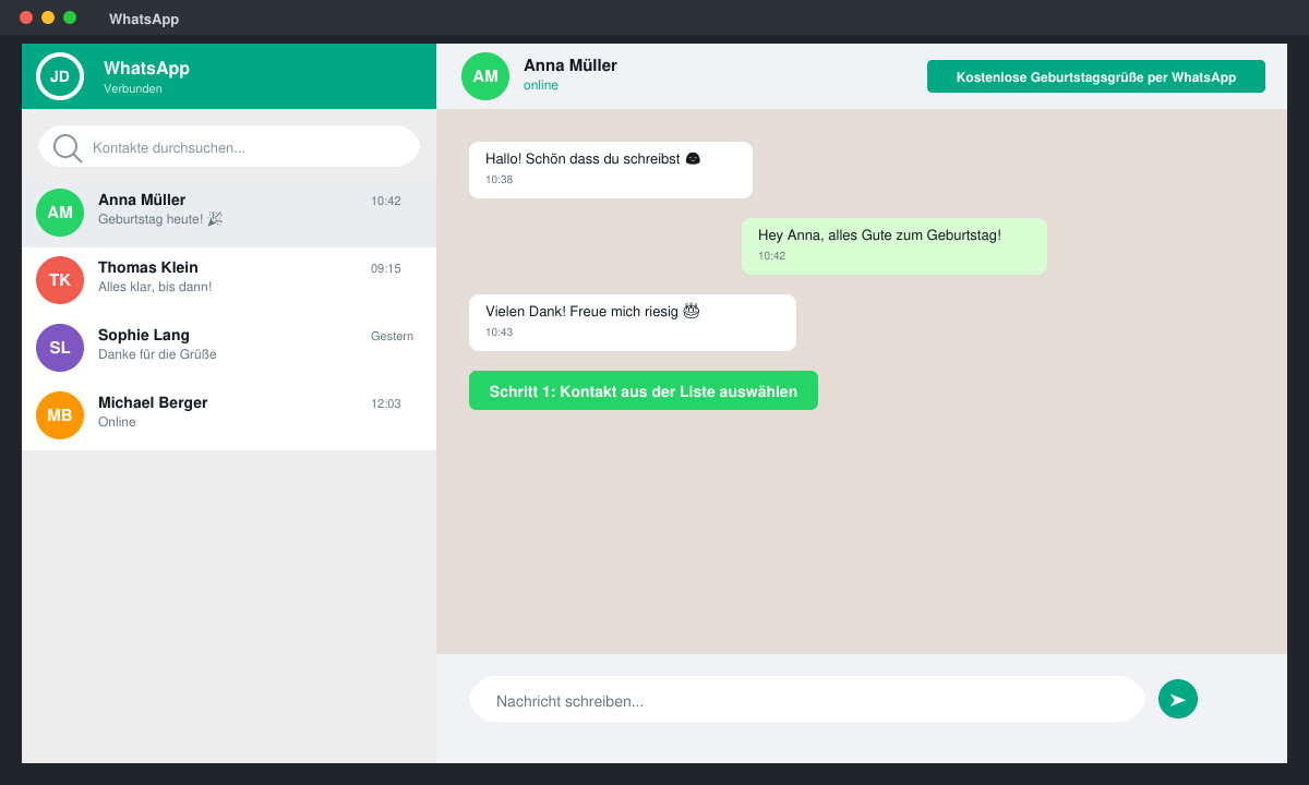 WhatsApp Chat mit Kontakt für Geburtstagsgrüße öffnen