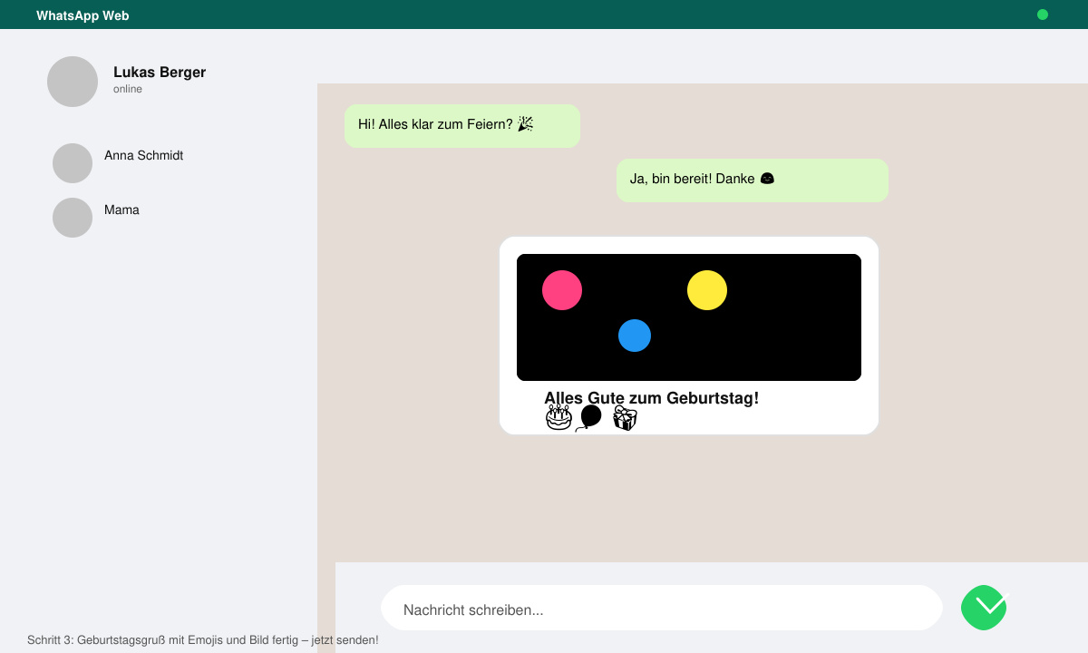 WhatsApp chat window showing a finished birthday message with text, emojis and an attached colorful greeting image ready to send